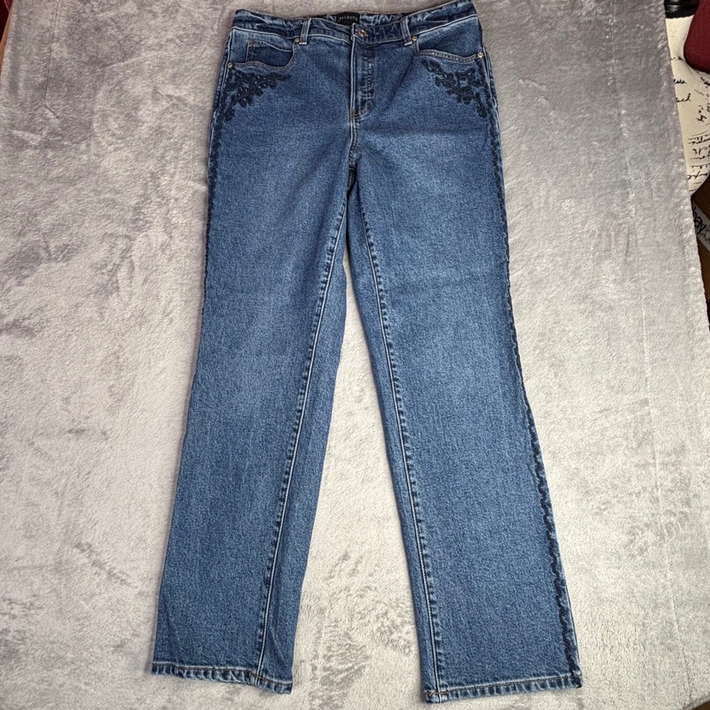 Talbots Straight Leg Jeans Womens 12 Blue Ivy Embroidery Wash Floral Stretch